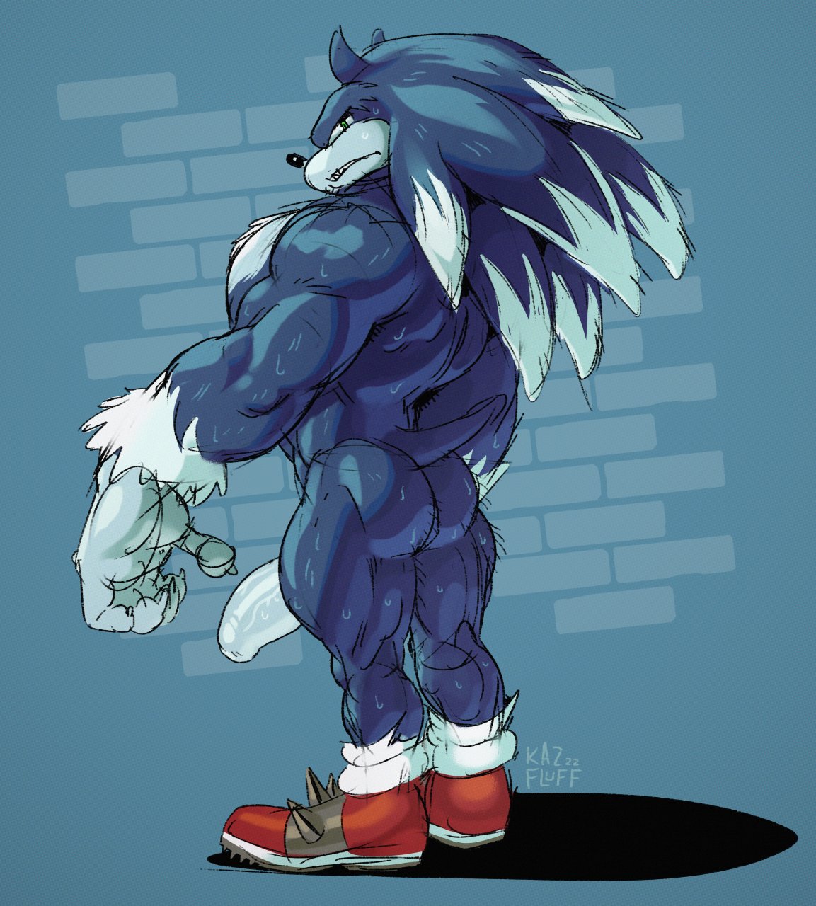 anthro barazoku big_hands big_penis blue_body blue_fur bodily_fluids butt claws clothing eulipotyphlan footwear fur genitals hedgehog hi_res kazushi looking_at_viewer looking_back looking_back_at_viewer male mammal muscular penis sega solo sonic_the_hedgehog sonic_the_hedgehog_(series) sonic_the_werehog sonic_unleashed sweat were wereeulipotyphlan werehog