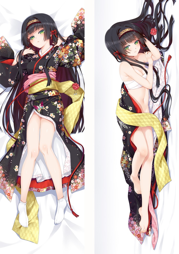 1girl barefoot bed_sheet bishoujo_mangekyou black_hair black_kimono breasts cleavage closed_mouth dakimakura_(medium) floral_print flower from_above green_eyes hair_intakes hair_ribbon hairband japanese_clothes kimono long_hair long_sleeves looking_at_viewer lying medium_breasts moeanime navel obi on_back on_side open_clothes open_kimono parted_lips print_kimono red_flower red_ribbon red_rose renge_(bishoujo_mangekyou) ribbon rose sarashi sash shiny shiny_hair smile socks solo split_screen very_long_hair white_legwear