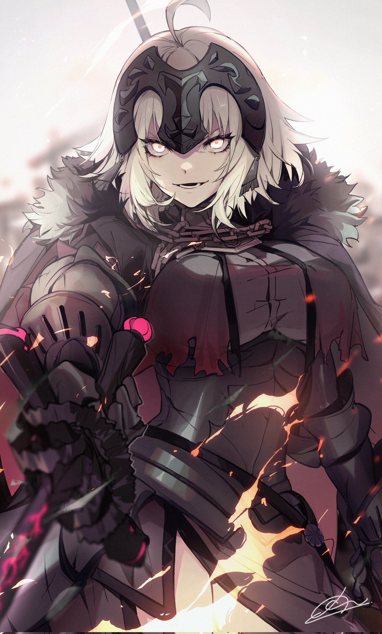 1girl armor armored_dress bangs black_dress breasts chain collar dress fate/grand_order fate_(series) faulds fire gauntlets grey_hair headpiece highres jeanne_d'arc_alter_(avenger)_(fate) jeanne_d'arc_alter_(fate) large_breasts looking_at_viewer metal_collar no-kan open_mouth plackart short_hair smile solo sword thighs weapon yellow_eyes