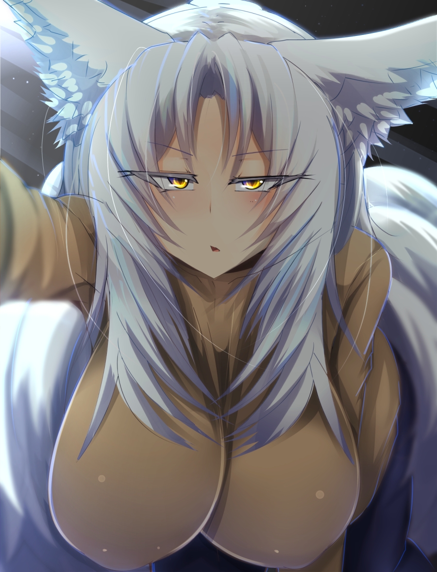 1girl animal_ears bent_over breasts fox_ears fox_girl fox_tail huge_breasts kitsune kouseki0024 kyuubi leaning_forward looking_at_viewer multiple_tails original solo tail white_hair