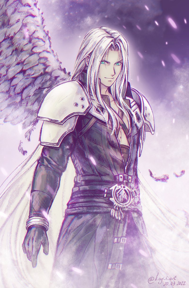 1boy armor belt black_feathers black_jacket elena_ivlyushkina feathers final_fantasy final_fantasy_vii final_fantasy_vii_remake gloves green_eyes highres jacket long_hair looking_at_viewer sephiroth single_wing smile solo wings