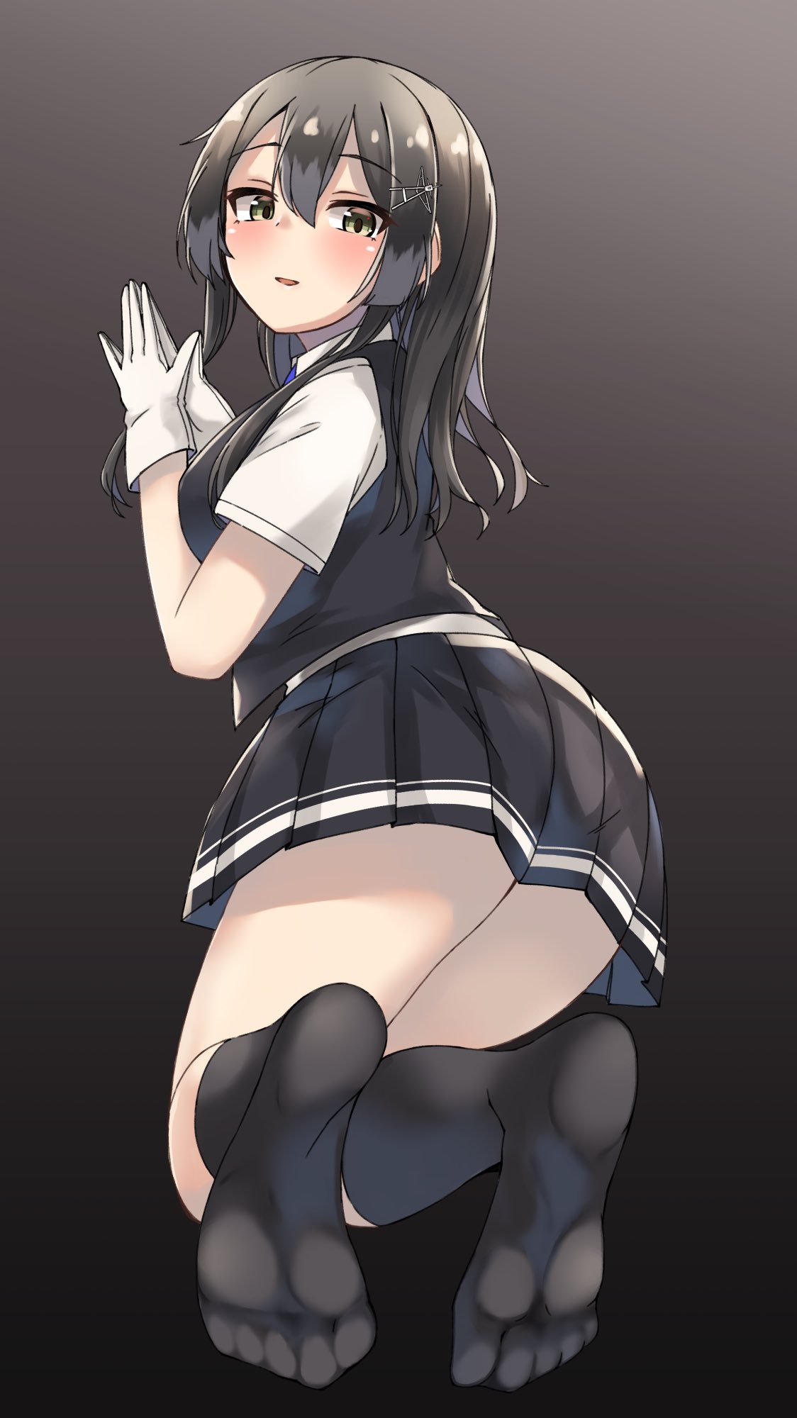 1girl black_hair black_legwear black_skirt black_vest brown_eyes commentary_request dress_shirt from_behind full_body gloves gradient gradient_background grey_eyes hair_ornament hairclip highres kantai_collection kneeling long_hair looking_at_viewer looking_back oyashio_(kancolle) pleated_skirt school_uniform shirt skirt soles solo vest wasumi_kei white_gloves white_shirt