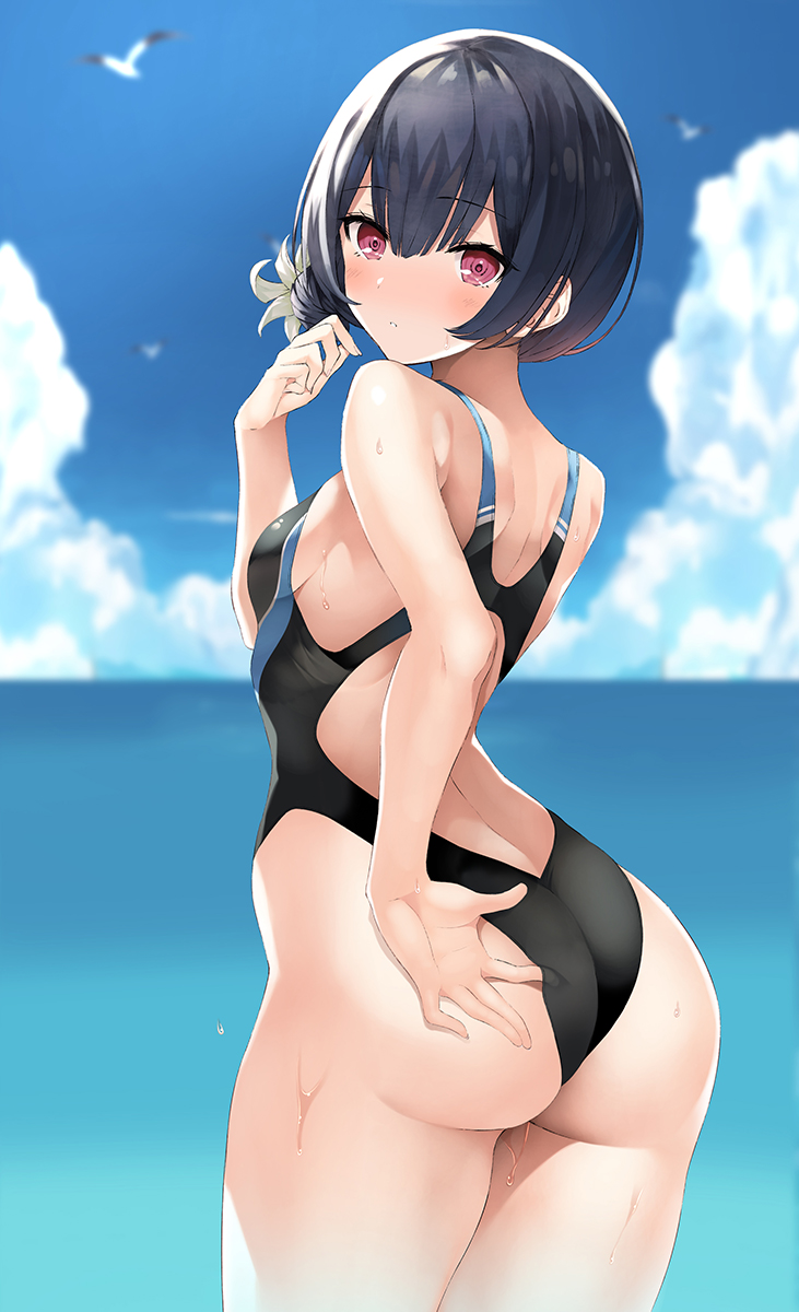 1girl ass bangs bare_shoulders black_swimsuit blue_hair blurry blurry_background blush breasts cloud competition_swimsuit from_behind highres idolmaster idolmaster_shiny_colors inuzumi_masaki looking_at_viewer looking_back morino_rinze ocean one-piece_swimsuit purple_eyes sky small_breasts swimsuit thighs water