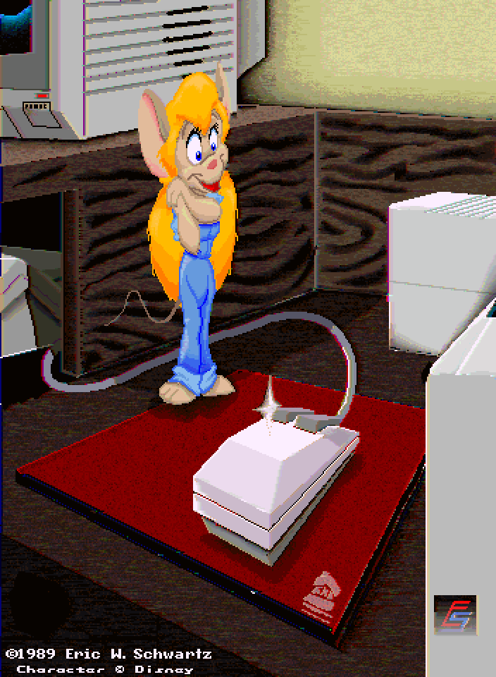 1989 3_toes amiga_(computer) amiga_family anthro artist_name barefoot blonde_hair blue_clothing blue_eyes chip_'n_dale_rescue_rangers clothed clothing commodore_international computer_mouse crt detailed_background digital_media_(artwork) disney eric_schwartz feet female fully_clothed fur gadget_hackwrench hair mammal monitor mouse mousepad murid murine pink_nose pixel_(artwork) plantigrade rodent solo tan_body tan_fur toes