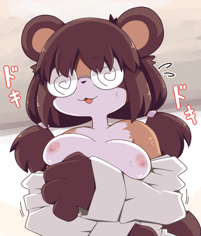 anthro breasts brown_body brown_fur brown_hair canid canine clothed clothing crepix eyewear female fur glasses hair japanese_text looking_at_viewer mammal nipples raccoon_dog smile solo text