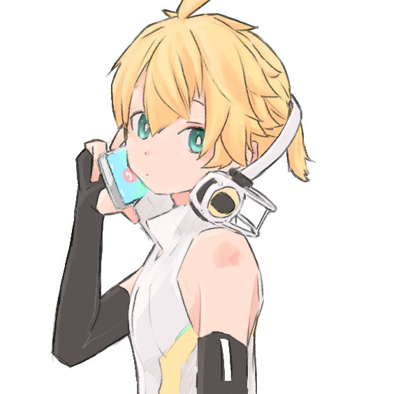 1boy aqua_eyes bare_shoulders black_gloves blonde_hair d_futagosaikyou dot_mouth elbow_gloves fingerless_gloves from_side gloves hand_up headphones headphones_around_neck high_collar holding holding_phone kagamine_len kagamine_len_(append) looking_at_viewer looking_to_the_side male_focus phone shirt short_ponytail simple_background sleeveless sleeveless_shirt solo upper_body vocaloid vocaloid_append white_background white_shirt