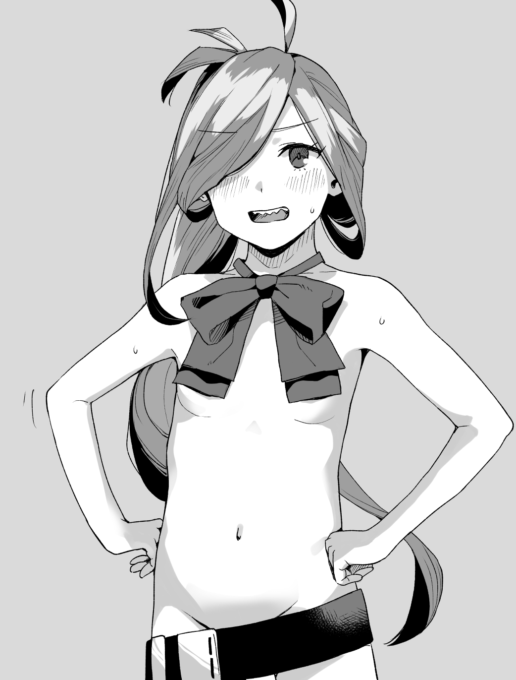 1girl asashimo_(kancolle) bangs banned_artist belt blush bow bowtie breasts greyscale hair_over_one_eye hands_on_hips highres kantai_collection long_hair makio_(makiomeigenbot) monochrome nude open_mouth ponytail sharp_teeth simple_background small_breasts solo sweat teeth upper_body very_long_hair