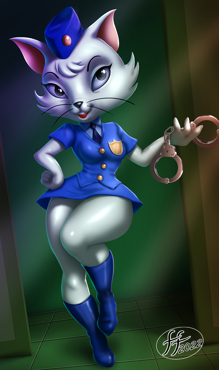 2022 anthro clothing cuff_(restraint) domestic_cat felid feline felis female fernando_faria handcuffs hi_res katy_o'kitty looking_at_viewer mammal metal_cuffs metro-goldwyn-mayer necktie police_uniform restraints solo tom_and_jerry uniform whiskers