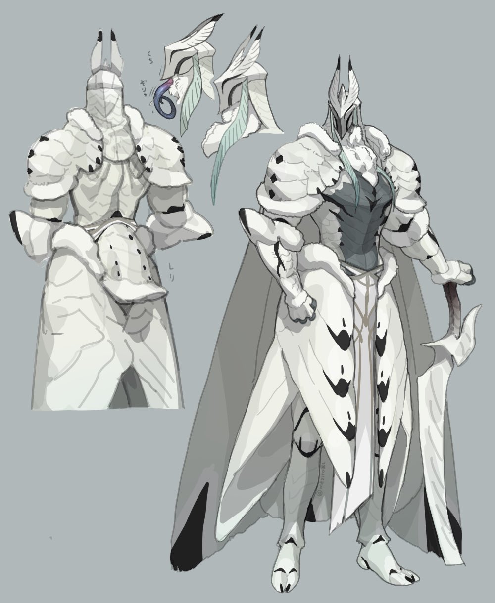 1boy armor arthropod_boy bare_pectorals character_sheet colored_skin grey_background helm helmet highres long_tongue male_focus meziro001 moth_boy multiple_views muscular muscular_male original pectorals shoulder_armor simple_background soldier tongue white_skin