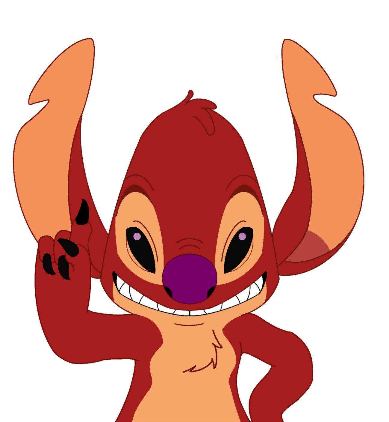 2021 alien black_claws black_eyes chest_tuft chip_45_5 claws disney experiment_(lilo_and_stitch) experiment_627 flat_colors fur gesture grin head_tuft hi_res lilo_and_stitch multicolored_body multicolored_fur notched_ear purple_nose raised_finger raised_index_finger red_body red_fur simple_background smile solo tan_body tan_fur tuft two_tone_body two_tone_fur white_background