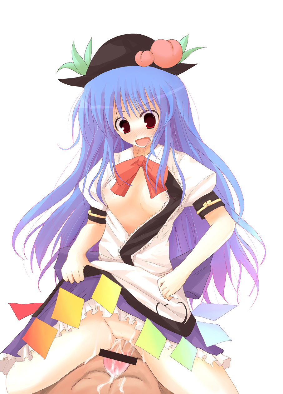 blue_hair censored cum ejaculation flat_chest food fruit girl_on_top grinding hat highres hinanawi_tenshi long_hair nipples peach penis pussy rikudou_inuhiko solo straddling touhou