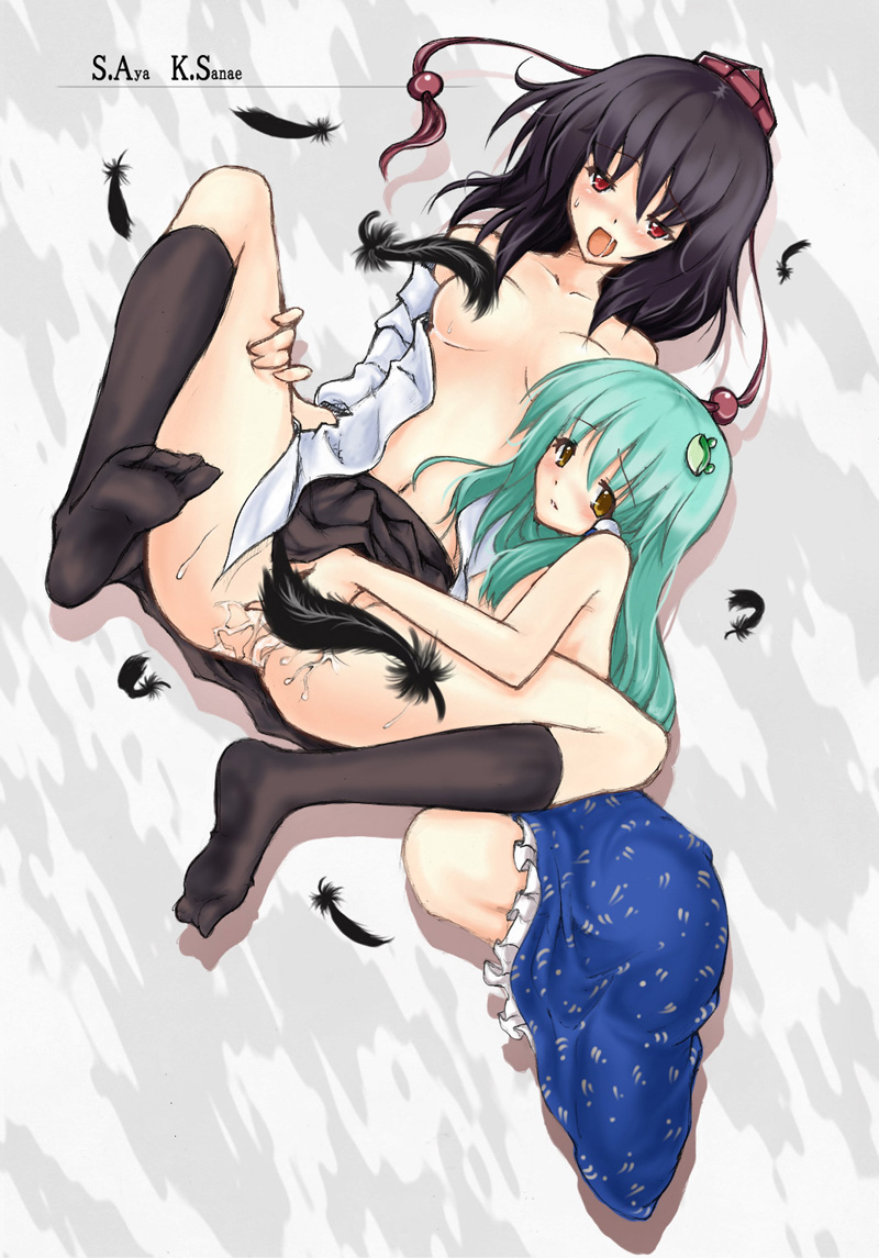 :d bangs bed_sheet black_hair black_legwear blush breasts censored clothed_sex convenient_censoring feathers feet fingering frog_hair_ornament green_hair hair_ornament happy_sex hat kochiya_sanae leg_grab legs_up long_hair looking_at_viewer lying medium_breasts multiple_girls no_bra no_panties nose_blush on_back on_bed on_side open_clothes open_mouth open_shirt piromizu pussy_juice red_eyes shameimaru_aya shirt skirt skirt_lift smile socks spread_legs straight_hair tokin_hat topless touhou yellow_eyes yuri
