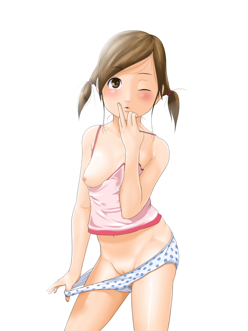 bad_id bad_pixiv_id blush breast_slip breasts brown_hair hentai_oyaji medium_breasts nipples one_breast_out one_eye_closed original panties panty_pull polka_dot polka_dot_panties pussy short_twintails solo twintails uncensored underwear