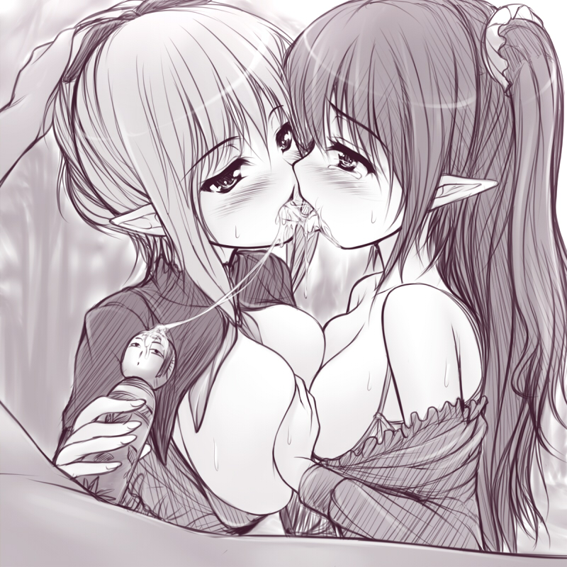 2girls asymmetrical_docking bisexual_(female) breast_grab breast_press breasts copyright_request cum cum_in_mouth cum_string cum_swap eyebrows_visible_through_hair french_kiss grabbing hetero kiss kokeshi large_breasts long_hair medium_breasts monochrome multiple_girls penis pointy_ears shirt_pull tongue uni8