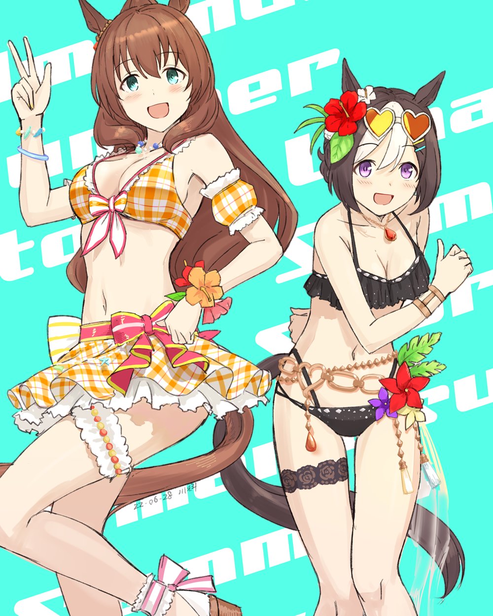 animal_ears blue_eyes breasts brown_hair cleavage collarbone flower hair_flower hair_ornament highres horse_ears horse_tail kawashina_(momen_silicon) long_hair maruzensky_(umamusume) medium_breasts medium_hair open_mouth purple_eyes special_week_(umamusume) sunglasses swimsuit tail umamusume