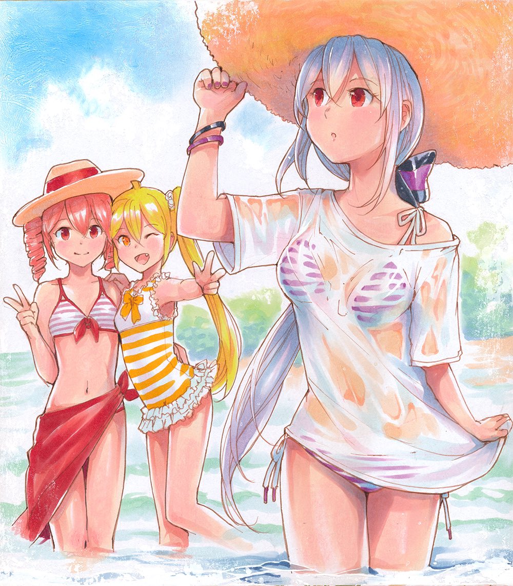 3girls ;d adjusting_clothes adjusting_headwear akita_neru beach bikini bikini_under_clothes blonde_hair blue_sky bow bracelet breasts cloud drill_hair fang frilled_swimsuit frills grey_hair hair_between_eyes hair_bow hair_ornament hair_scrunchie hand_on_another's_back hand_on_another's_shoulder hat jewelry kasane_teto leaning_on_person long_hair mayo_riyo medium_breasts midriff multiple_girls navel ocean one-piece_swimsuit one_eye_closed open_mouth ponytail pose purple_bikini purple_nails red_bikini red_eyes red_hair red_sarong sarong scrunchie see-through side-tie_bikini side_ponytail sky small_breasts smile soaking_feet straw_hat string_bikini striped striped_bikini sun_hat swimsuit swimsuit_under_clothes traditional_media twin_drills twintails two-tone_bikini two-tone_swimsuit utau v very_long_hair vocaloid voyakiloid w wet wet_clothes yellow_eyes yellow_swimsuit yowane_haku