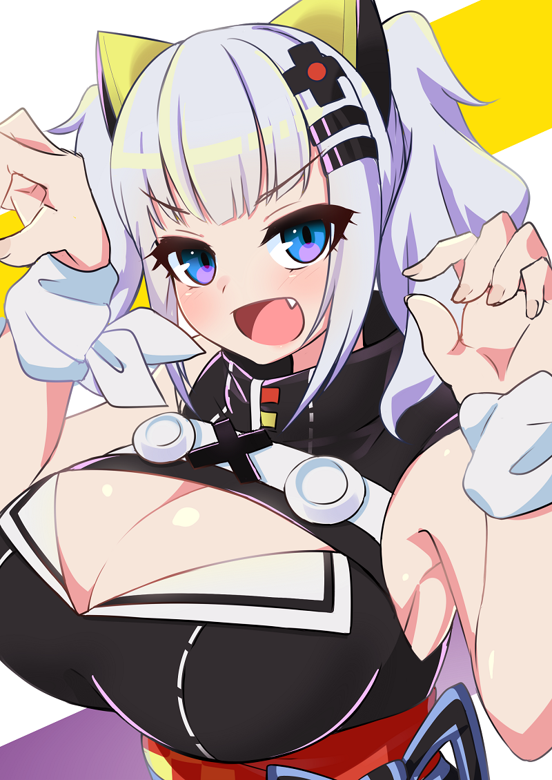 1girl armpits bangs bare_shoulders blue_eyes blush breasts cleavage cleavage_cutout clothing_cutout dress hair_ornament hairclip kaguya_luna kuro_mushi large_breasts long_hair looking_at_viewer obi open_mouth sash sleeveless sleeveless_dress solo the_moon_studio thighhighs twintails virtual_youtuber white_background