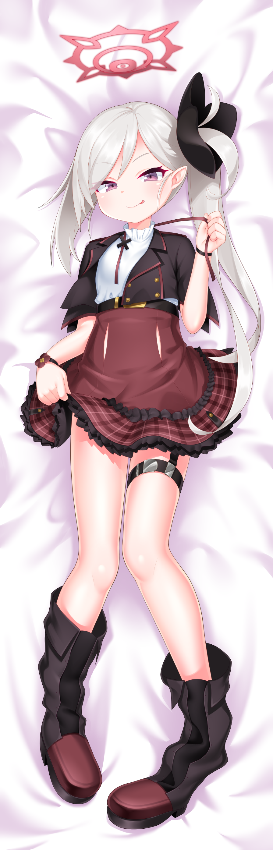 1girl absurdres bed_sheet black_flower black_footwear black_jacket blue_archive boots breasts brown_skirt dakimakura_(medium) flower frilled_skirt frills full_body grey_hair hair_flower hair_ornament halo hand_up highres jacket kirisame_mia long_hair lying mutsuki_(blue_archive) neck_ribbon on_back open_clothes open_jacket plaid plaid_skirt purple_eyes red_ribbon ribbon shirt short_sleeves side_ponytail skirt small_breasts solo undone_neck_ribbon very_long_hair white_shirt