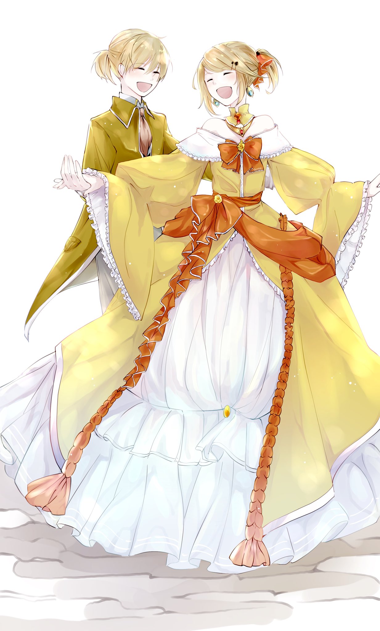 1boy 1girl aku_no_meshitsukai_(vocaloid) aku_no_musume_(vocaloid) allen_avadonia ascot backlighting bare_shoulders blonde_hair bow brooch brother_and_sister choker closed_eyes dress dress_bow dress_flower earrings evillious_nendaiki flat_chest flower frilled_choker frilled_dress frilled_sleeves frills hair_ornament hairclip happy highres holding jacket jewelry kagamine_len kagamine_rin long_sleeves open_mouth orange_bow pale_skin petticoat riliane_lucifen_d'autriche rose short_ponytail siblings smile tomari_drew twins vocaloid white_background wide_sleeves yellow_choker yellow_dress yellow_flower yellow_jacket yellow_rose