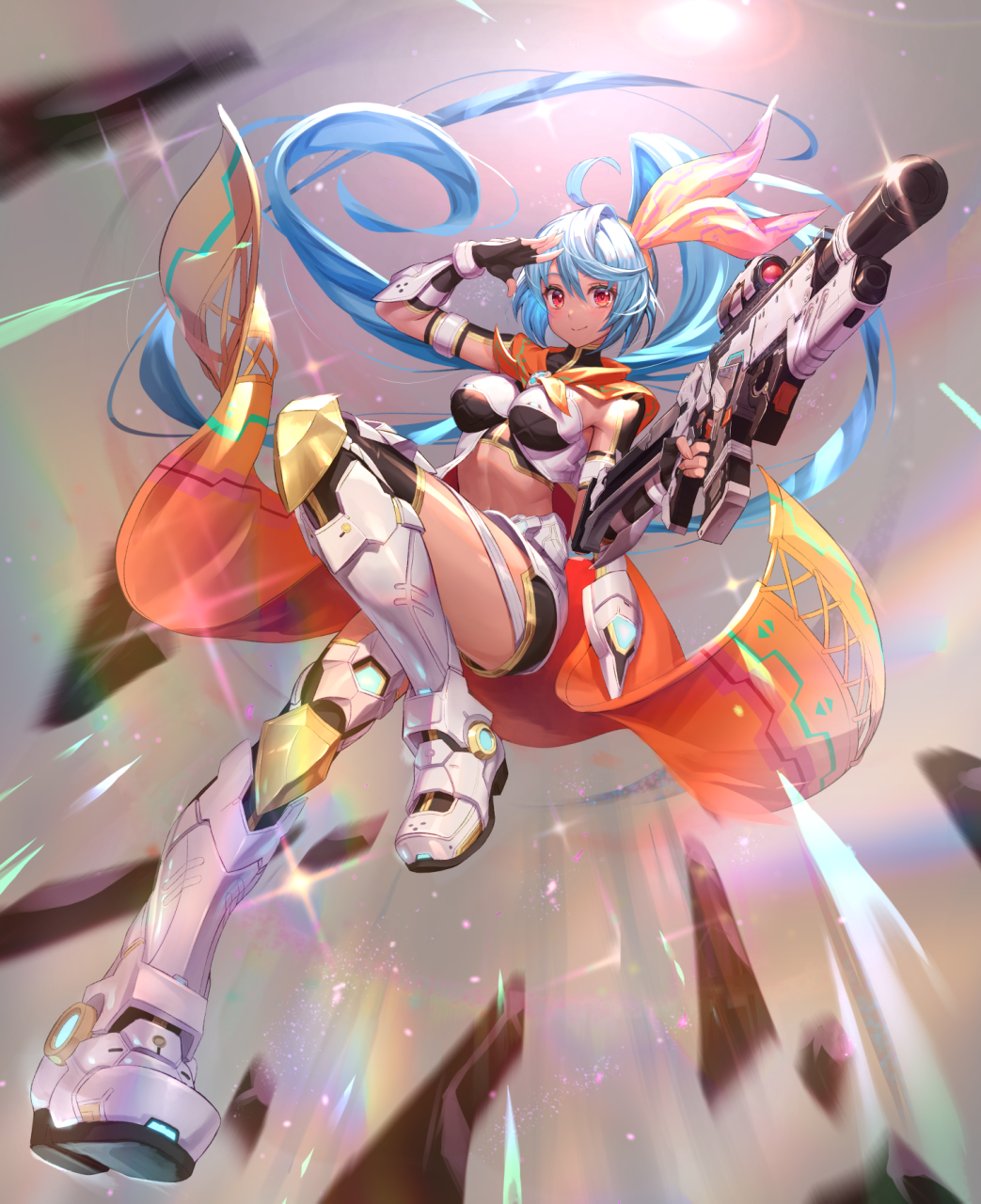 1girl aina_(pso2ngs) assault_rifle blue_hair breasts dark-skinned_female dark_skin full_body gun highres inari_kei lens_flare long_hair medium_breasts phantasy_star phantasy_star_online_2 phantasy_star_online_2_new_genesis red_eyes rifle side_ponytail solo very_long_hair weapon