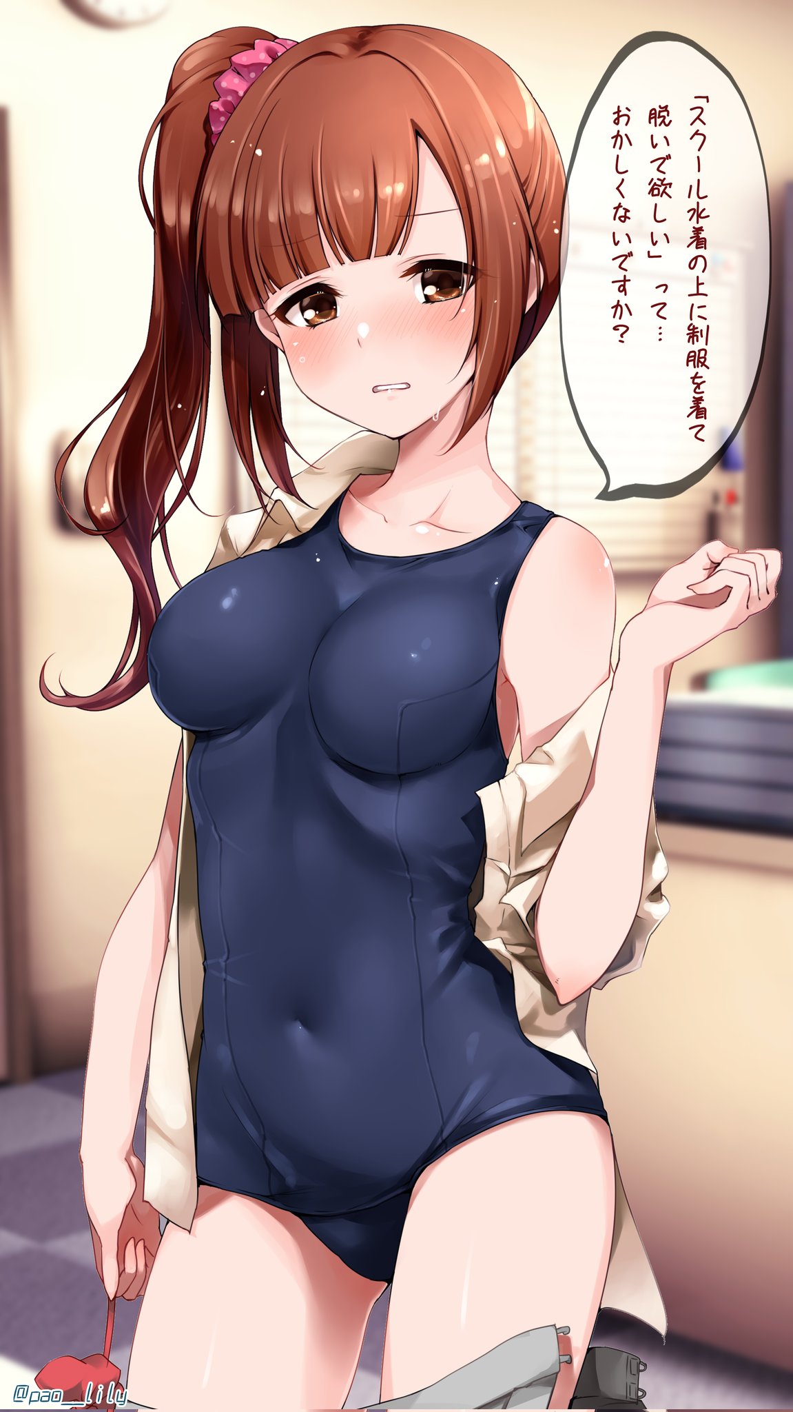 1girl bangs blunt_bangs blurry blurry_background blush bow bowtie bowtie_removed breasts brown_hair clothes_pull collarbone covered_navel hair_ornament hair_scrunchie highres idolmaster idolmaster_cinderella_girls igarashi_kyoko indoors looking_at_viewer medium_breasts one_side_up open_clothes open_shirt paopao school_swimsuit scrunchie skin_tight skirt skirt_pull solo speech_bubble sweatdrop swimsuit swimsuit_under_clothes