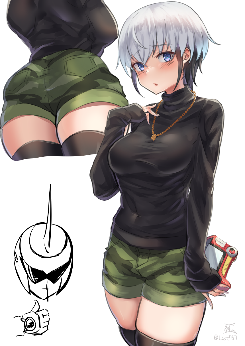 1girl ass bangs black_hair black_legwear black_sweater blood blue_eyes blush breasts camouflage camouflage_shorts eugene_chaud_(mega_man) genderswap genderswap_(mtf) green_shorts highres holding jewelry lasts long_sleeves medium_breasts mega_man_(series) mega_man_battle_network megaman.exe multicolored_hair multiple_views necklace nosebleed parted_lips short_hair shorts simple_background sleeves_past_wrists sweater thighhighs thumbs_up white_background