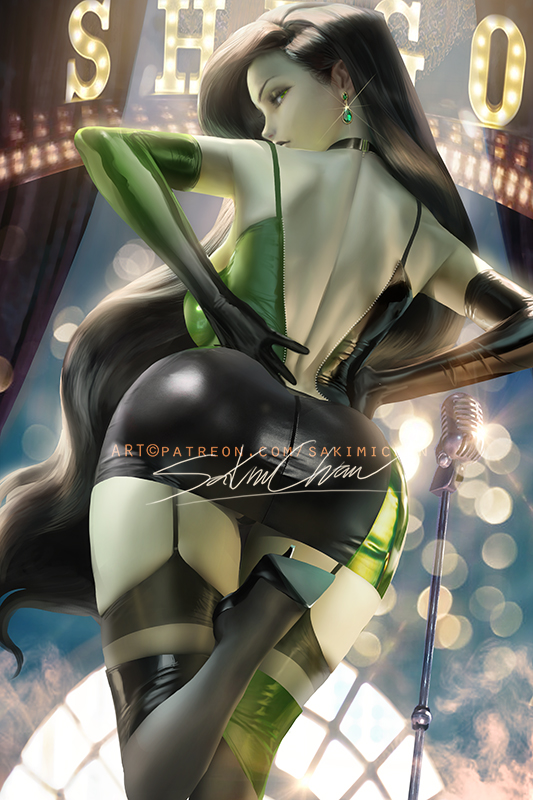 1girl adapted_costume alternate_costume ass ass_focus asymmetrical_legwear back backboob backless_outfit banned_artist black_gloves black_legwear breasts character_name colored_skin elbow_gloves gloves green_eyes green_gloves green_legwear green_skin high_heels indoors jewelry kim_possible large_breasts leg_up light long_hair mismatched_legwear narrow_waist sakimichan shego signature stage stage_lights thick_thighs thighs two-tone_dress two-tone_gloves watermark wide_hips