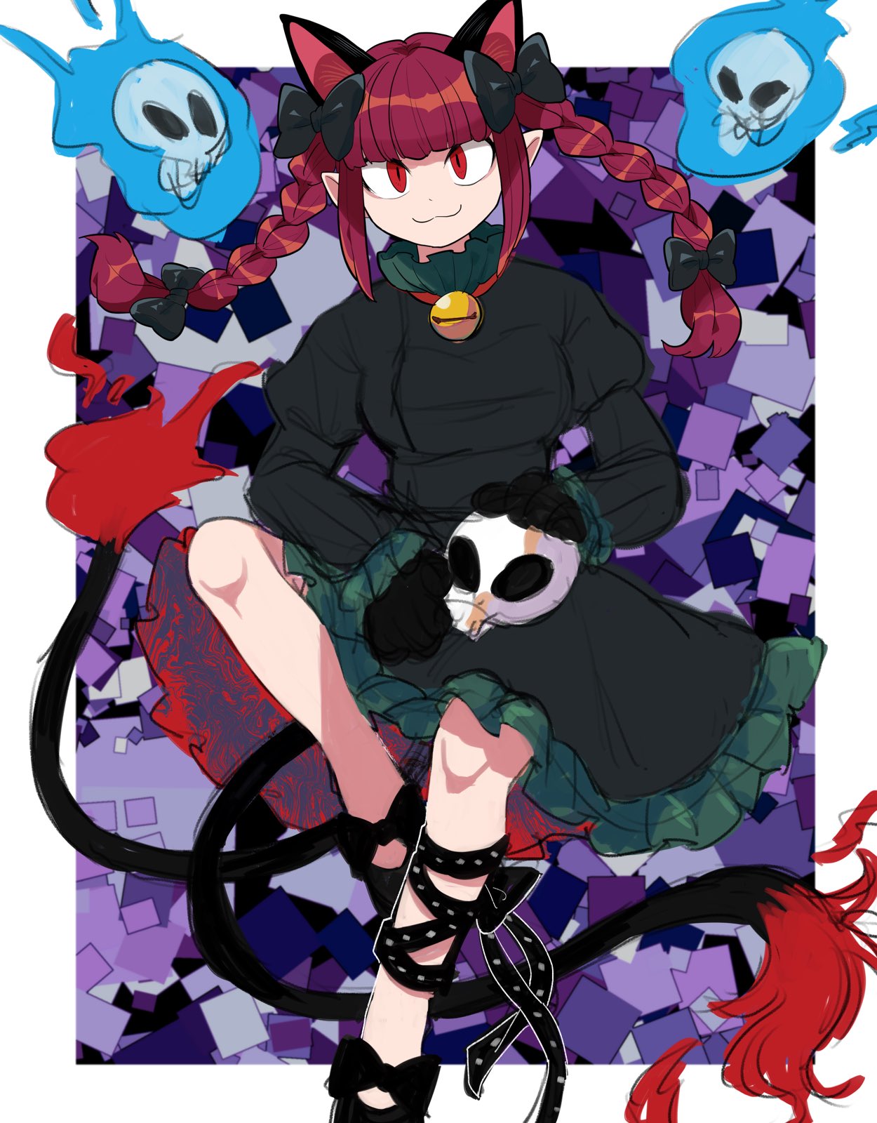 1girl :3 animal_ears animal_hands bell black_bow black_footwear border bow braid cat_ears closed_mouth commentary dot_nose dress extra_ears flame-tipped_tail footwear_bow frilled_dress frills full_body furukawa_(yomawari) grey_dress highres hitodama kaenbyou_rin long_hair looking_at_viewer multiple_tails neck_bell outside_border pointy_ears red_eyes red_hair shoes skull slit_pupils solo tail touhou twin_braids two_tails white_border
