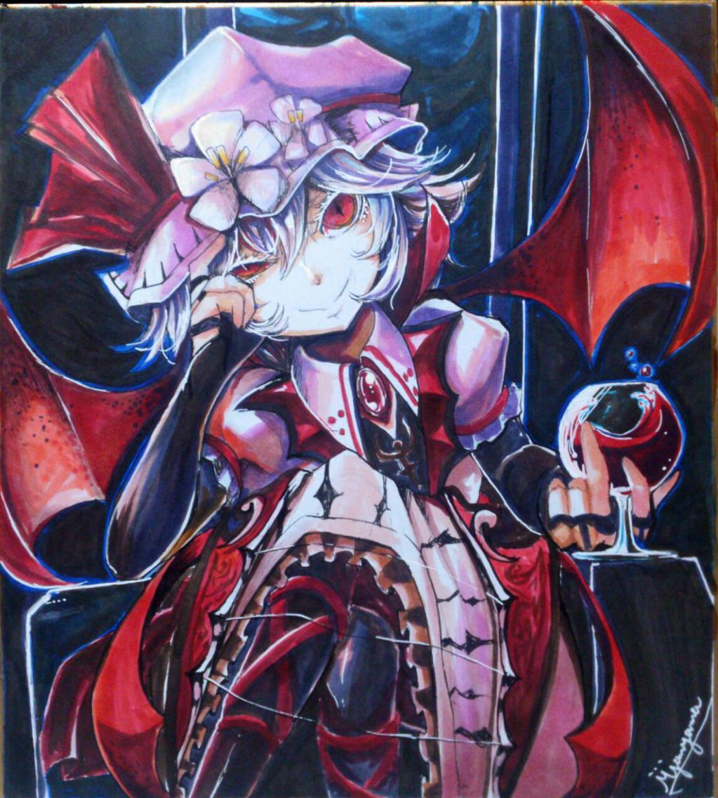 1girl alcohol bangs bat_wings black_footwear black_gloves boots brooch closed_mouth collared_shirt commentary_request crossed_legs cup drinking_glass elbow_gloves feet_out_of_frame gloves hair_between_eyes hat hat_ribbon head_tilt jewelry jonasan_(bad-t) koumajou_densetsu light_purple_hair looking_at_viewer mob_cap pink_headwear pink_shirt pink_skirt puffy_short_sleeves puffy_sleeves red_eyes red_ribbon remilia_scarlet ribbon shikishi shirt short_hair short_sleeves skirt skirt_set slit_pupils smile solo touhou traditional_media wine wine_glass wings