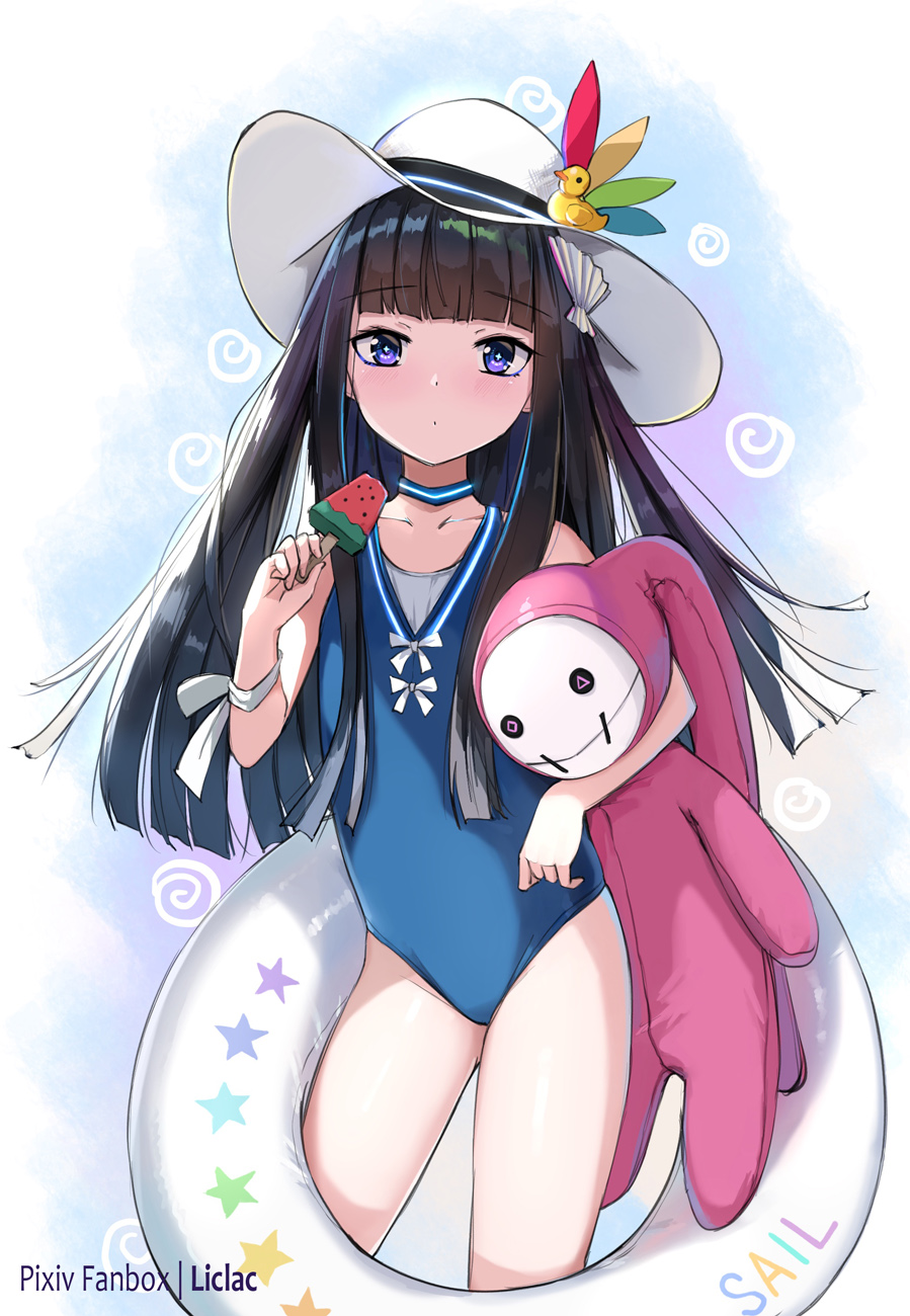 1girl bangs bare_shoulders black_hair blue_swimsuit bow closed_mouth collarbone commentary_request food hat highres holding holding_food innertube liclac long_hair object_hug one-piece_swimsuit original popsicle purple_eyes rubber_duck solo standing stuffed_animal stuffed_bunny stuffed_toy sun_hat swimsuit very_long_hair watermelon_bar white_bow white_headwear