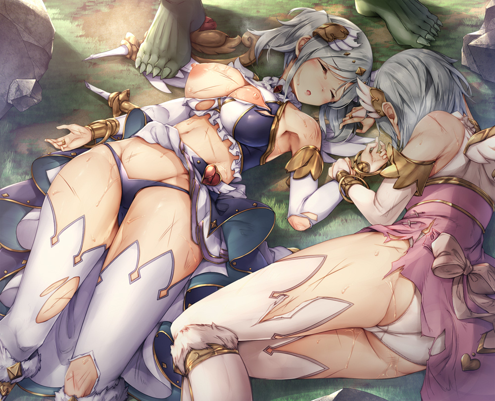 2girls akari_(princess_connect!) ass blue_skirt breasts bridal_gauntlets broken broken_weapon closed_eyes clothes_lift defeat detached_sleeves dress grass grey_hair hair_ornament imminent_rape large_breasts lying monster multiple_girls navel nipples on_back on_floor on_side open_mouth outdoors pink_dress princess_connect! revealing_clothes rock ryona scratches shadow short_hair siblings skirt skirt_lift sleeveless sleeveless_dress staff standing sugiyuu sweat thighhighs torn_clothes torn_dress torn_legwear torn_sleeves twins twintails weapon white_legwear wings yori_(princess_connect!)