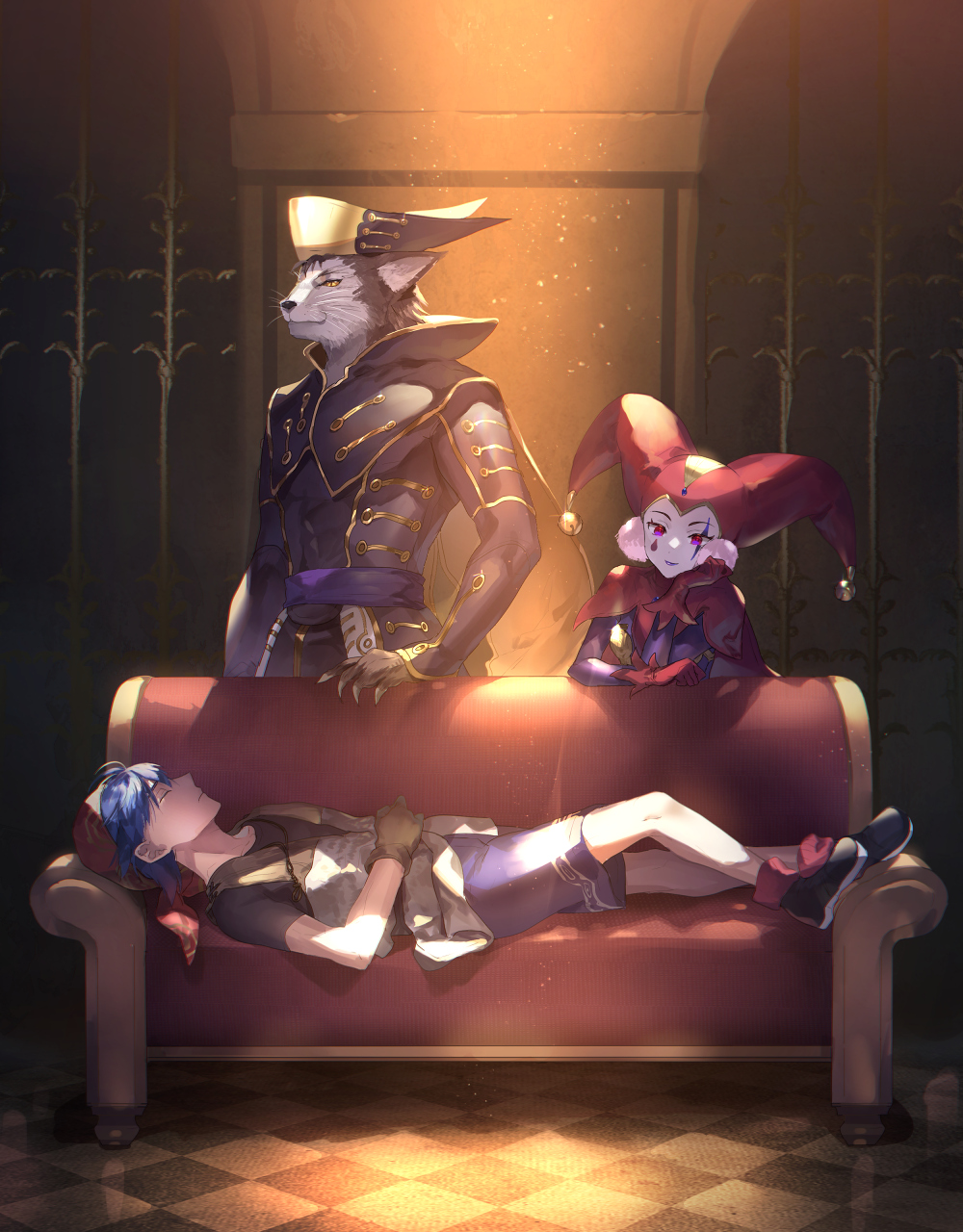 1girl 2boys animal_ears armor bandana black_jacket black_shirt blue_hair blue_shirt blue_shorts boots cape cat_ears chainmail checkered_floor chrono_cross claws closed_eyes couch earrings facepaint fur furry furry_male gloves hand_on_own_stomach harle_(chrono_cross) harlequin hat high_collar highres indoors jacket jester_cap jewelry leaning_on_object long_sleeves lying lynx_(chrono_cross) multiple_boys necklace on_back pom_pom_(clothes) pom_pom_earrings reclining red_bandana red_cape red_eyes red_gloves serge_(chrono_cross) shirt short_hair shorts sleeping smile sunakumo t-shirt whiskers yellow_eyes