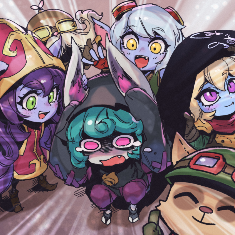 2boys 4girls :d black_cloak blonde_hair brown_footwear brown_headwear cloak corki dress facial_hair fang fang_out fangs fingerless_gloves gloves goggles goggles_on_head green_hair green_headwear grey_hair hood hood_up league_of_legends long_hair lulu_(league_of_legends) medium_hair multiple_boys multiple_girls mustache not_like_this open_mouth pants phantom_ix_row pink_eyes pointy_ears poppy_(league_of_legends) purple_hair red_dress shiny shiny_clothes shiny_hair smile teemo teeth tristana twitch.tv upper_teeth vex_(league_of_legends) yordle