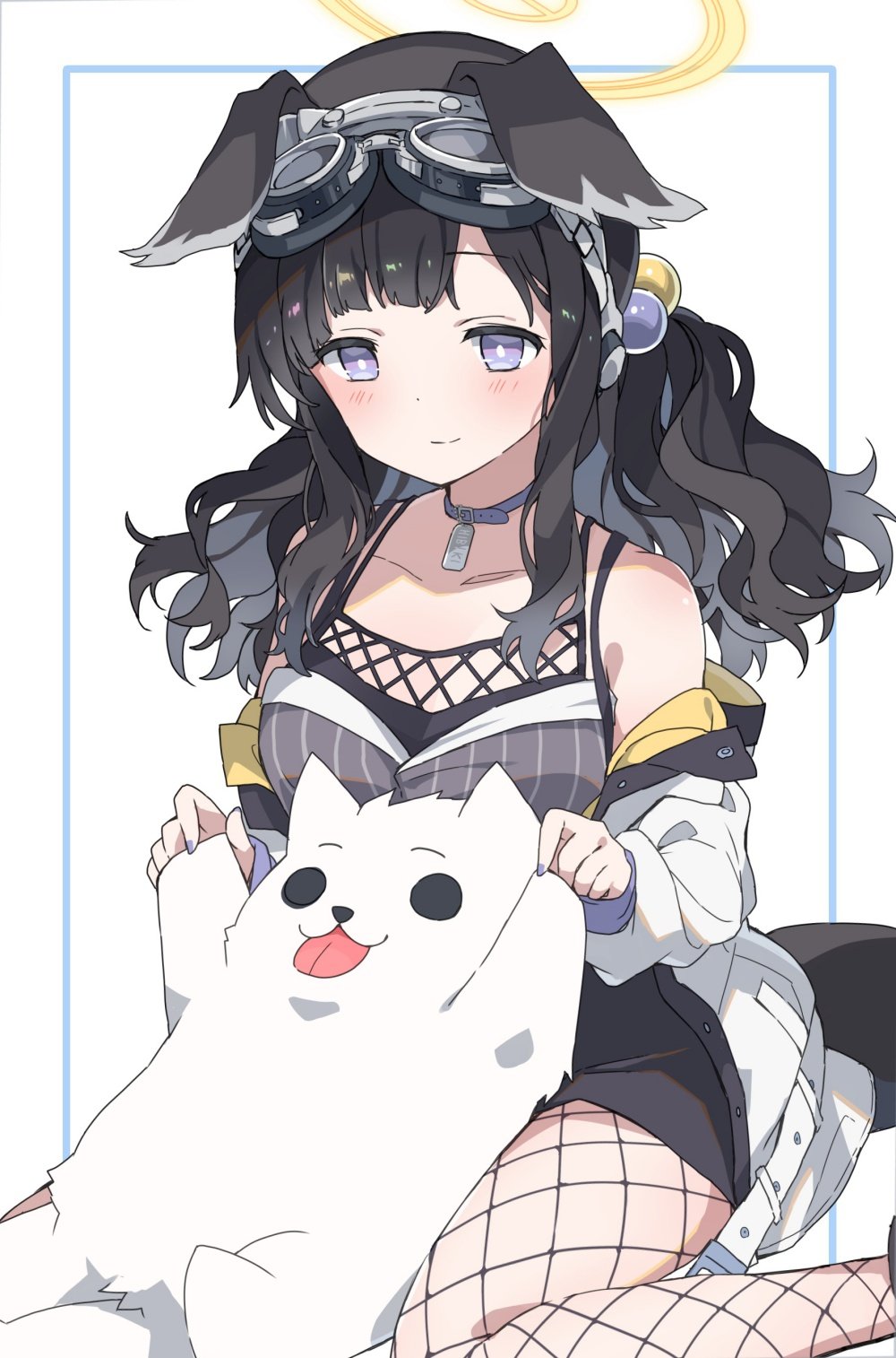 1girl animal_ears bangs bare_shoulders black_hair black_shorts blue_archive blush breasts closed_mouth collarbone commission dog dog_ears fishnet_legwear fishnets goggles goggles_on_head hair_bobbles hair_ornament halo hibiki_(blue_archive) highres jacket long_hair long_sleeves low_twintails mochigome_(ununquadium) off_shoulder pantyhose purple_eyes shirt shorts sitting skeb_commission sleeveless sleeveless_shirt small_breasts smile solo twintails wariza white_jacket