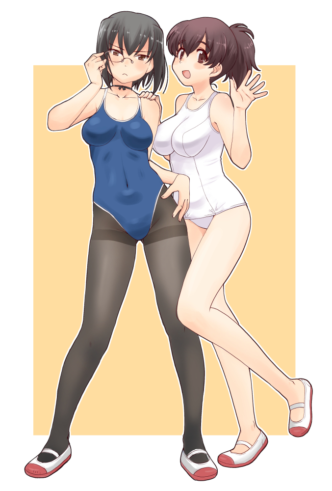2girls adjusting_eyewear bangs bare_legs black_choker black_eyes black_hair black_legwear blue_swimsuit blush bow_choker breasts brown_eyes brown_hair choker closed_mouth collarbone commentary_request competition_school_swimsuit covered_navel frown full_body girls_und_panzer hand_in_own_hair hand_on_another's_shoulder hand_on_hip kawashima_momo koyama_yuzu legs looking_at_viewer medium_breasts monocle multiple_girls no_socks old_school_swimsuit one-piece_swimsuit open_mouth outside_border pantyhose pantyhose_under_swimsuit revision school_swimsuit semi-rimless_eyewear shoes short_hair short_ponytail smile standing standing_on_one_leg swimsuit thighband_pantyhose thighs under-rim_eyewear uona_telepin uwabaki waving white_footwear white_swimsuit yellow_background