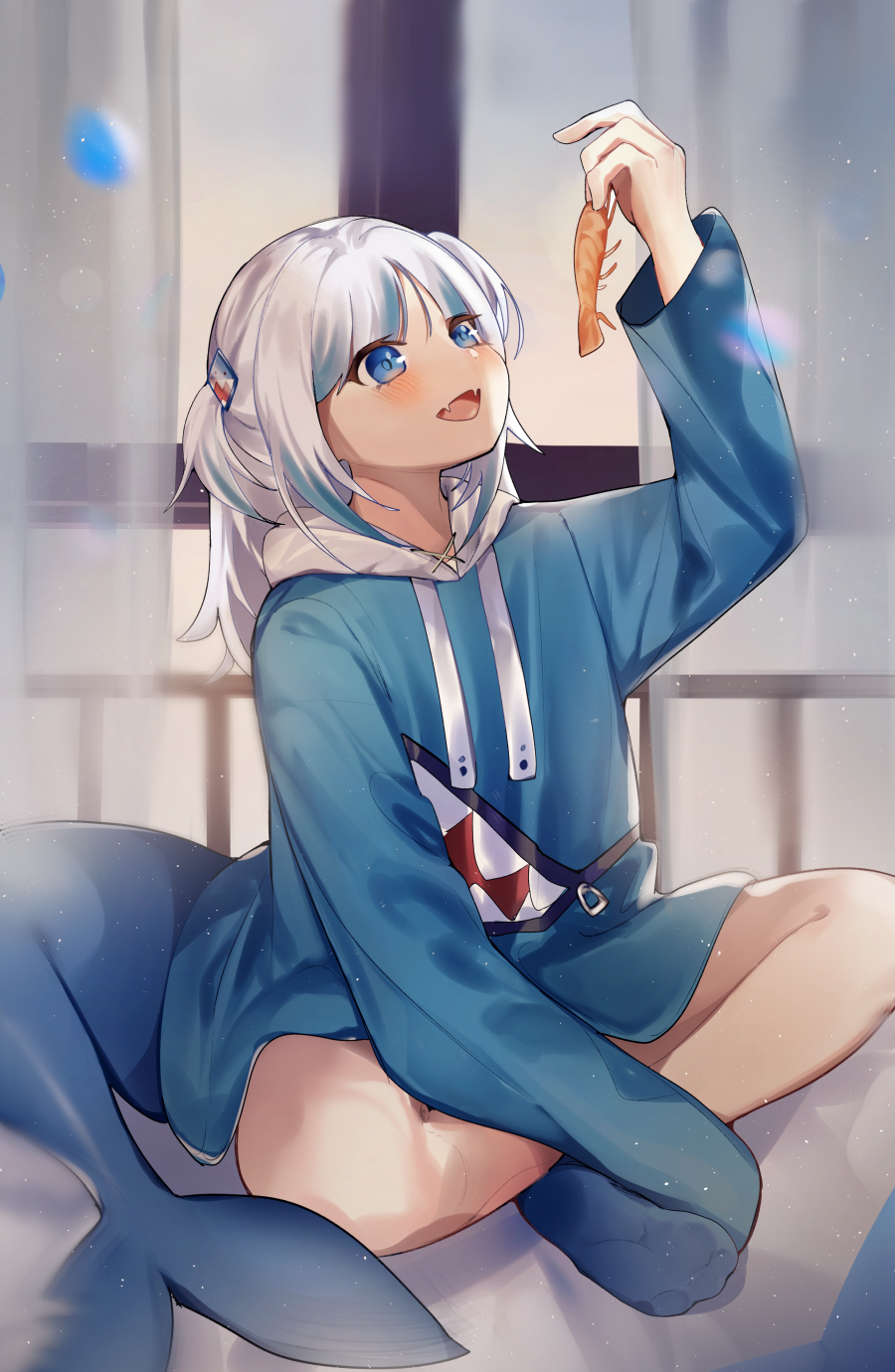 1girl animal bangs blue_eyes blue_hair blue_hoodie blunt_bangs curtains fish_tail gawr_gura hair_ornament highres holding holding_animal hololive hololive_english hood hoodie indian_style indoors long_sleeves looking_at_animal medium_hair multicolored_hair open_mouth shark_girl shark_hair_ornament shark_print shark_tail shrimp sitting sleeves_past_fingers sleeves_past_wrists smile solo streaked_hair tail two_side_up virtual_youtuber white_hair window xoaiu
