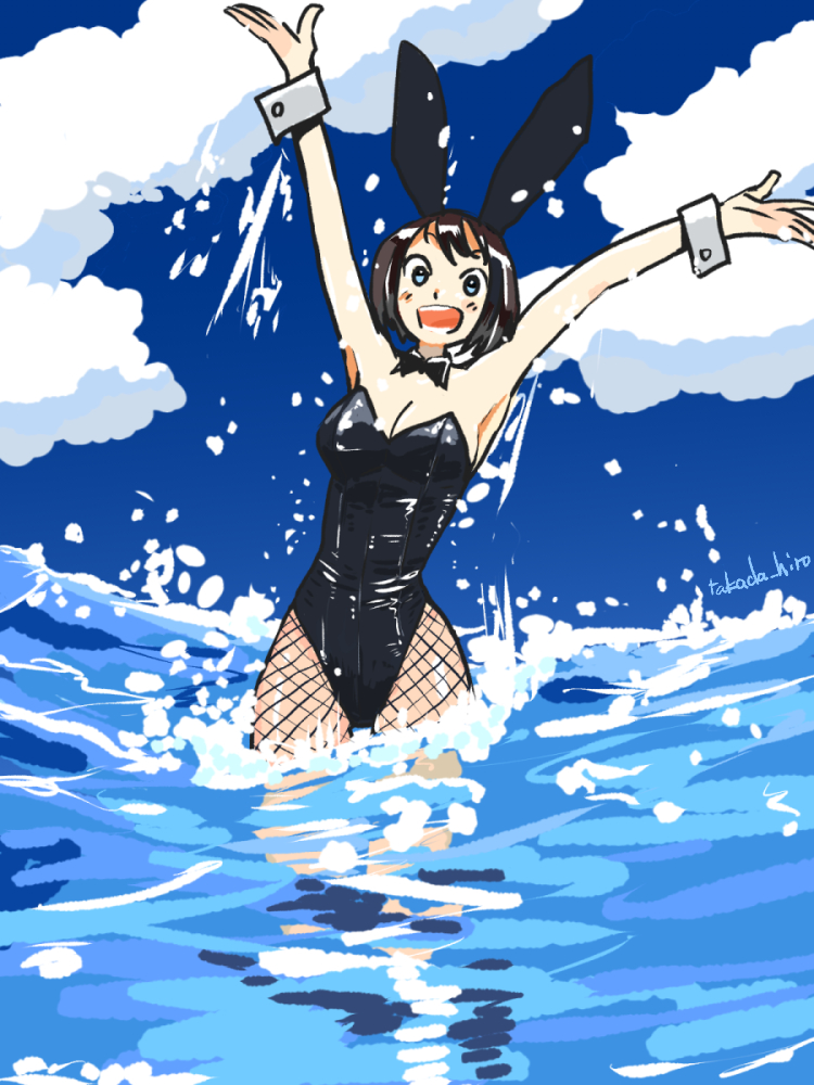 1girl :d animal_ears bangs bare_shoulders beach black_hair blue_eyes bow bowtie breasts cloud cloudy_sky commentary detached_collar fake_animal_ears fishnets leotard looking_at_viewer medium_breasts original outdoors partially_submerged playboy_bunny rabbit_ears short_hair sky smile solo strapless strapless_leotard takada_hiro wrist_cuffs