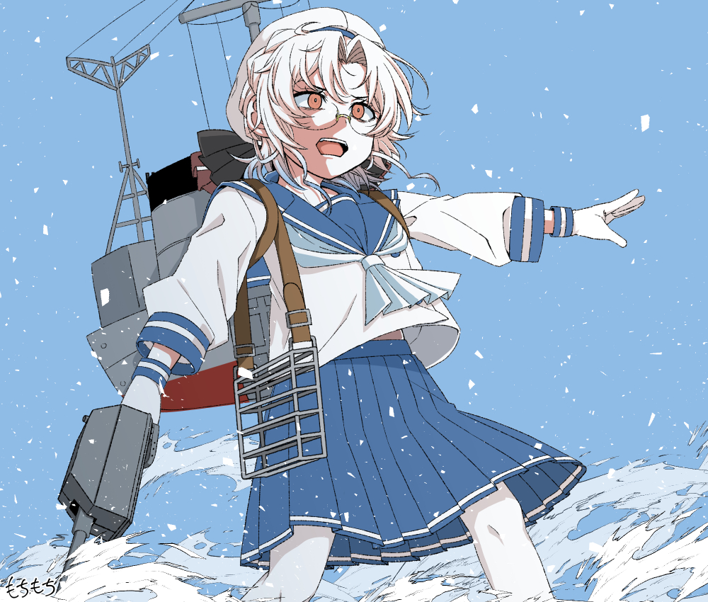 1girl adapted_turret blue_neckerchief blue_skirt blue_sky brown_eyes cannon cloud commentary_request feet_out_of_frame glasses gloves grey_hair hat hirato_(kancolle) kantai_collection long_sleeves machinery moti_coi neckerchief one-hour_drawing_challenge pantyhose pleated_skirt sailor_hat school_uniform serafuku short_hair skirt sky solo turret wavy_hair white_gloves white_legwear