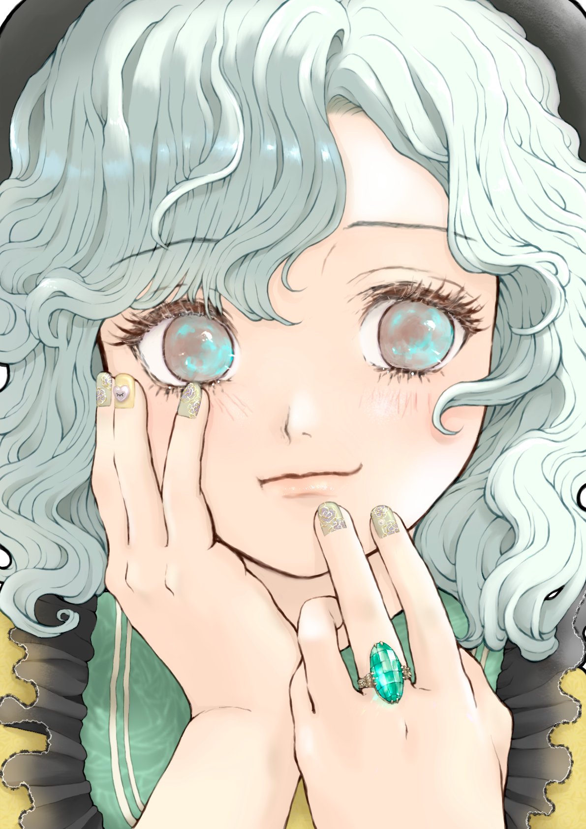 1girl black_headwear blouse close-up commentary_request empty_eyes face finger_to_own_chin floral_print frilled_shirt_collar frills gem green_eyes green_gemstone green_hair hand_on_own_cheek hand_on_own_face hat heart highres jewelry komeiji_koishi lips looking_at_viewer medium_hair nail_art nail_polish portrait ring sasaka1185 shirt smile solo third_eye touhou upper_body wavy_hair yellow_shirt