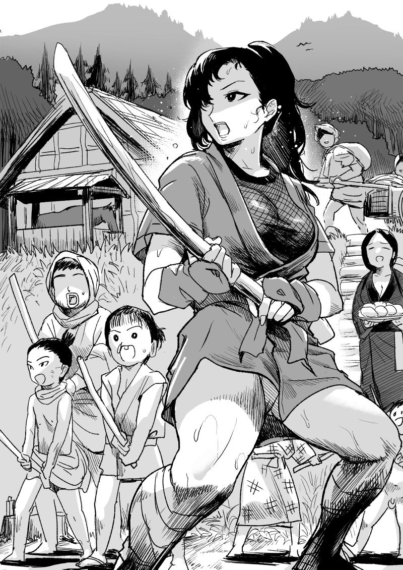 3boys 3girls black_hair breasts commentary_request fishnets gesogeso hair_over_one_eye high_ponytail horse house japanese_clothes katana kimono long_hair medium_breasts monochrome multiple_boys multiple_girls ninja no_panties open_mouth original sword thighs weapon