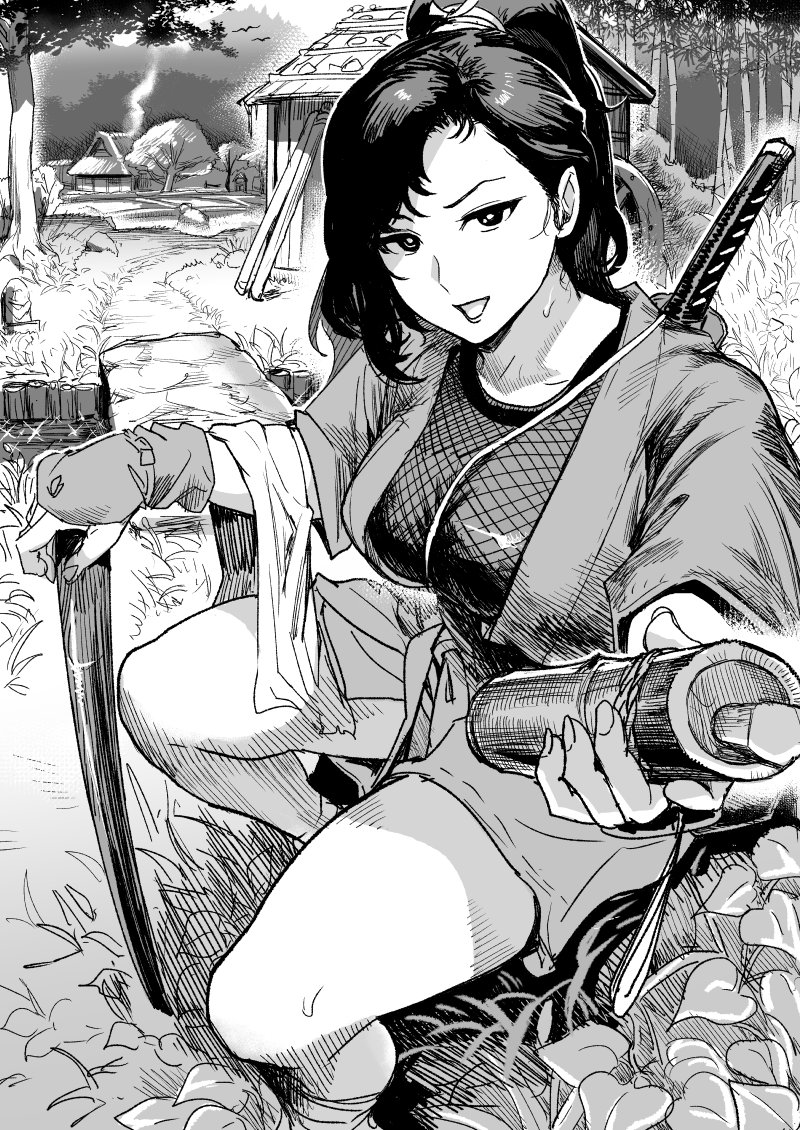 1girl :d black_hair breasts bridge commentary_request fishnets gesogeso gloves high_ponytail house japanese_clothes katana kimono long_hair looking_at_viewer medium_breasts monochrome ninja original outdoors ponytail scroll_tube short_kimono sitting smile solo sword thighs tree weapon