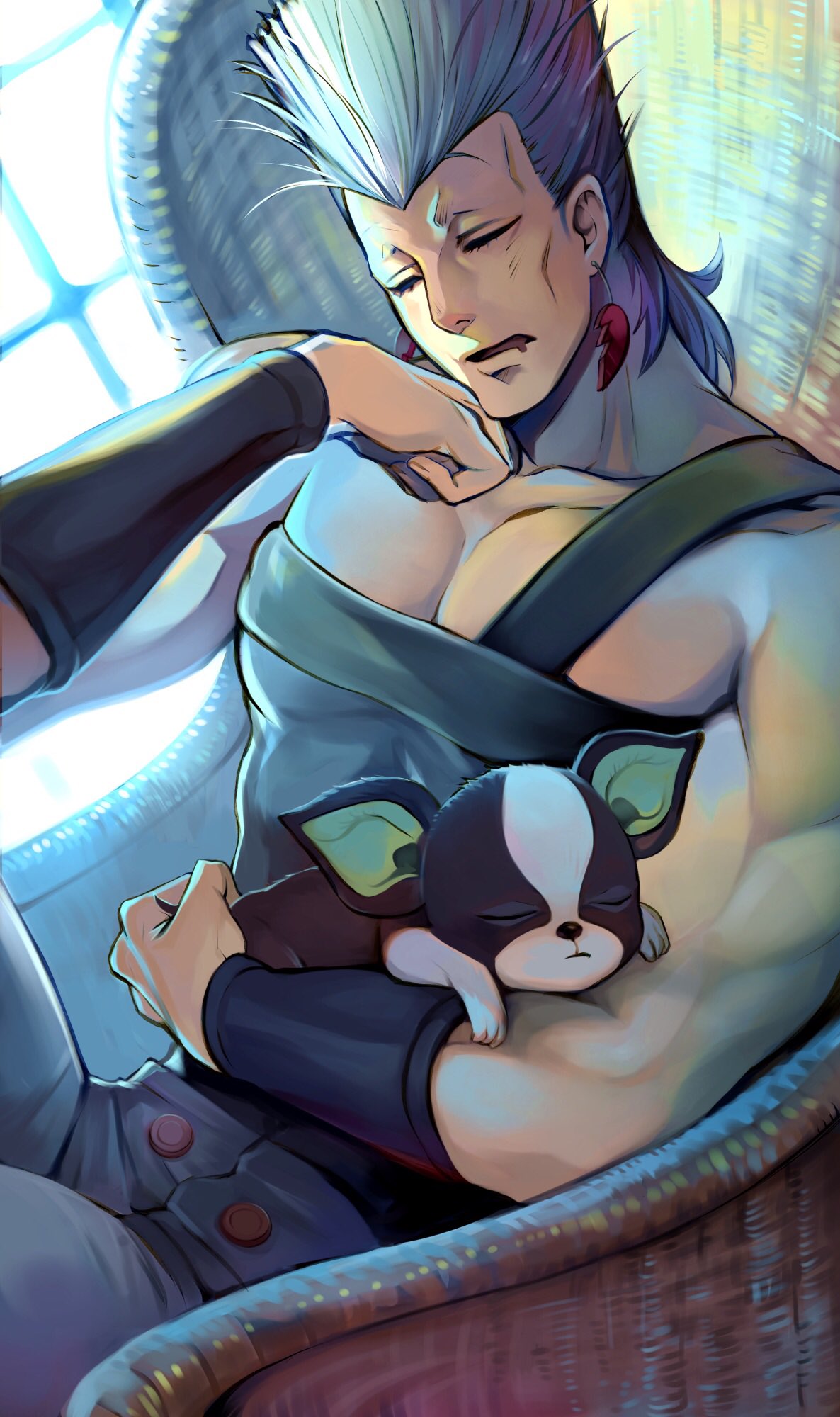 1boy animal animal_hands black_shirt boston_terrier bracer buttons chest_strap closed_eyes dog earrings flattop grey_hair grey_pants halu-ca hand_to_own_face highres holding holding_animal holding_dog iggy_(jojo) jean_pierre_polnareff jewelry jojo_no_kimyou_na_bouken muscular muscular_male no_eyebrows open_mouth pants pectorals saliva shirt sitting sleeping sleeveless sleeveless_shirt strapless tube_top upper_body wicker_furniture window