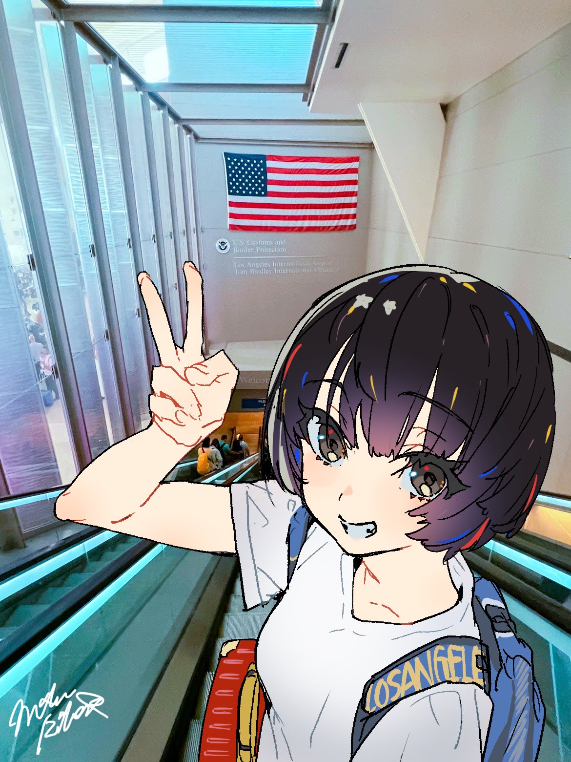 1girl airport american_flag arm_up backpack bag bangs black_eyes black_hair blue_bag bob_cut breasts english_text escalator grin highres indoors looking_at_viewer los_angeles luggage mika_pikazo mixed-language_commentary original photo_background self-portrait shirt short_hair short_sleeves signature sketch small_breasts smile solo_focus t-shirt upper_body v white_shirt window