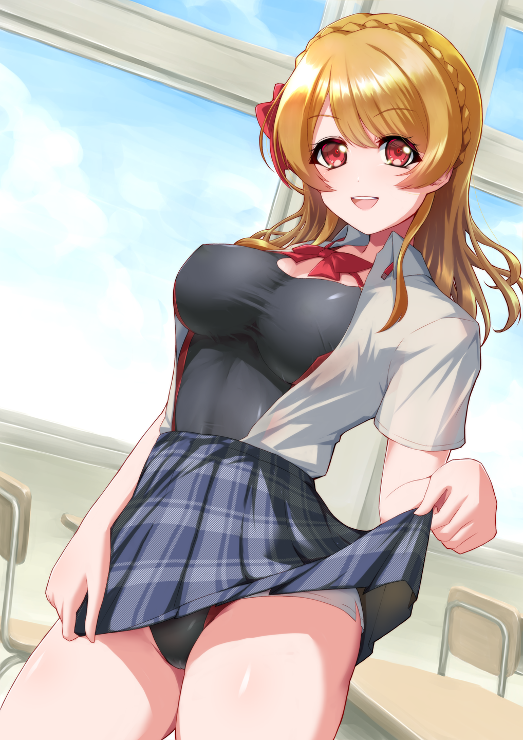 1girl :d aimoto_rinku bangs black_swimsuit blonde_hair blue_skirt blue_sky bow bowtie braid breasts cameltoe chair classroom clothes_lift cloud collared_shirt commentary_request competition_swimsuit covered_nipples cowboy_shot crown_braid d4dj desk dress_shirt dutch_angle groin hair_between_eyes hair_bow high-waist_skirt highres hiraken indoors lifted_by_self long_hair looking_at_viewer medium_breasts miniskirt one-piece_swimsuit open_clothes open_shirt plaid plaid_skirt red_bow red_bowtie red_eyes school_chair school_desk school_uniform see-through shiny shiny_hair shirt shirt_tucked_in short_sleeves sidelocks skirt skirt_lift sky smile solo standing swimsuit swimsuit_under_clothes teeth upper_teeth white_shirt window