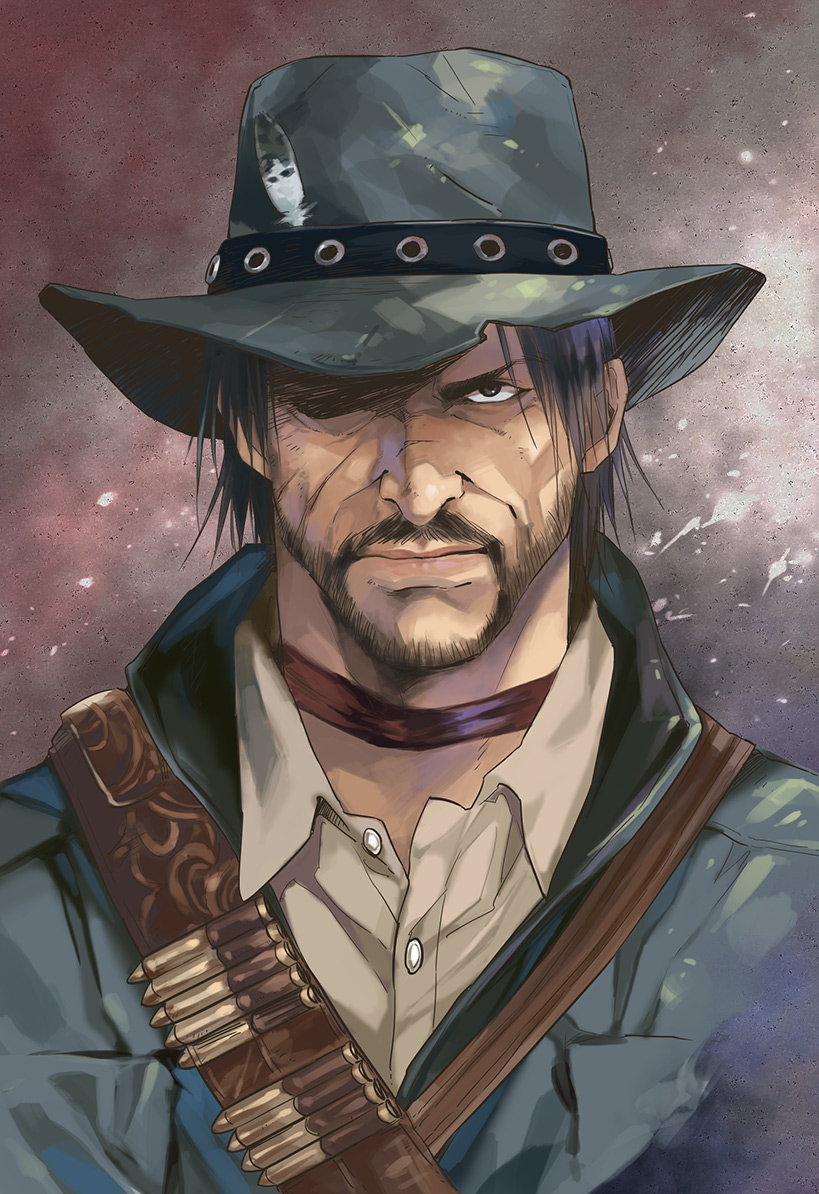 1boy agahari bandolier beard bullet commentary_request cowboy cowboy_hat cowboy_western facial_hair feathers gloves gun handgun hat hat_feather john_marston looking_at_viewer male_focus red_dead_redemption revolver scar solo upper_body vest weapon