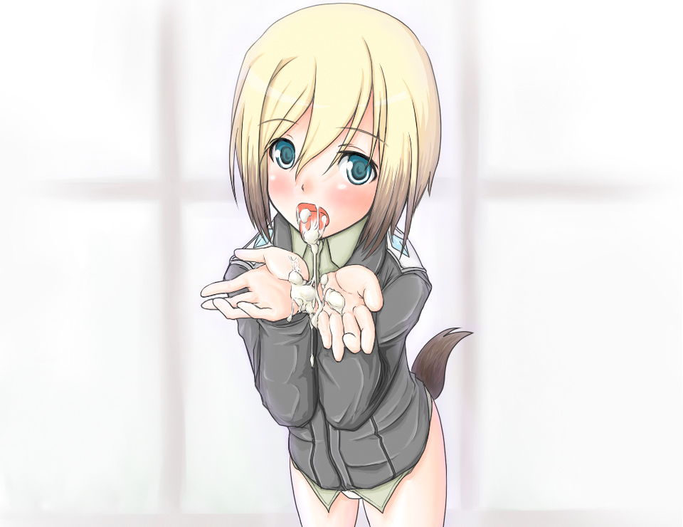 animal_ears bad_id bad_pixiv_id cum cum_in_hands cum_in_mouth cum_on_tongue cupping_hands erica_hartmann green_eyes panties petag2 short_hair solo strike_witches tail underwear uniform world_witches_series