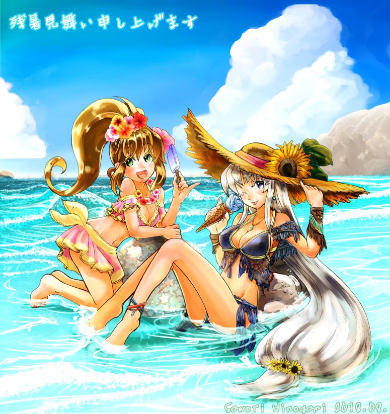 2girls breasts brown_hair clair_lasbard cleavage cloud commentary_request green_eyes long_hair looking_at_viewer multiple_girls ocean open_mouth ponytail precis_neumann rock silver_hair smile star_ocean star_ocean_anamnesis star_ocean_the_second_story star_ocean_till_the_end_of_time swimsuit