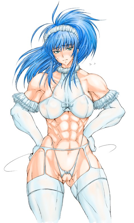 blue_hair blush buchou_chinke censored crotchless_panties dress elbow_gloves garter_belt gloves green_eyes leona_heidern long_hair mosaic_censoring muscle muscular_female panties ponytail pussy solo sweat the_king_of_fighters thighhighs underwear wedding_dress