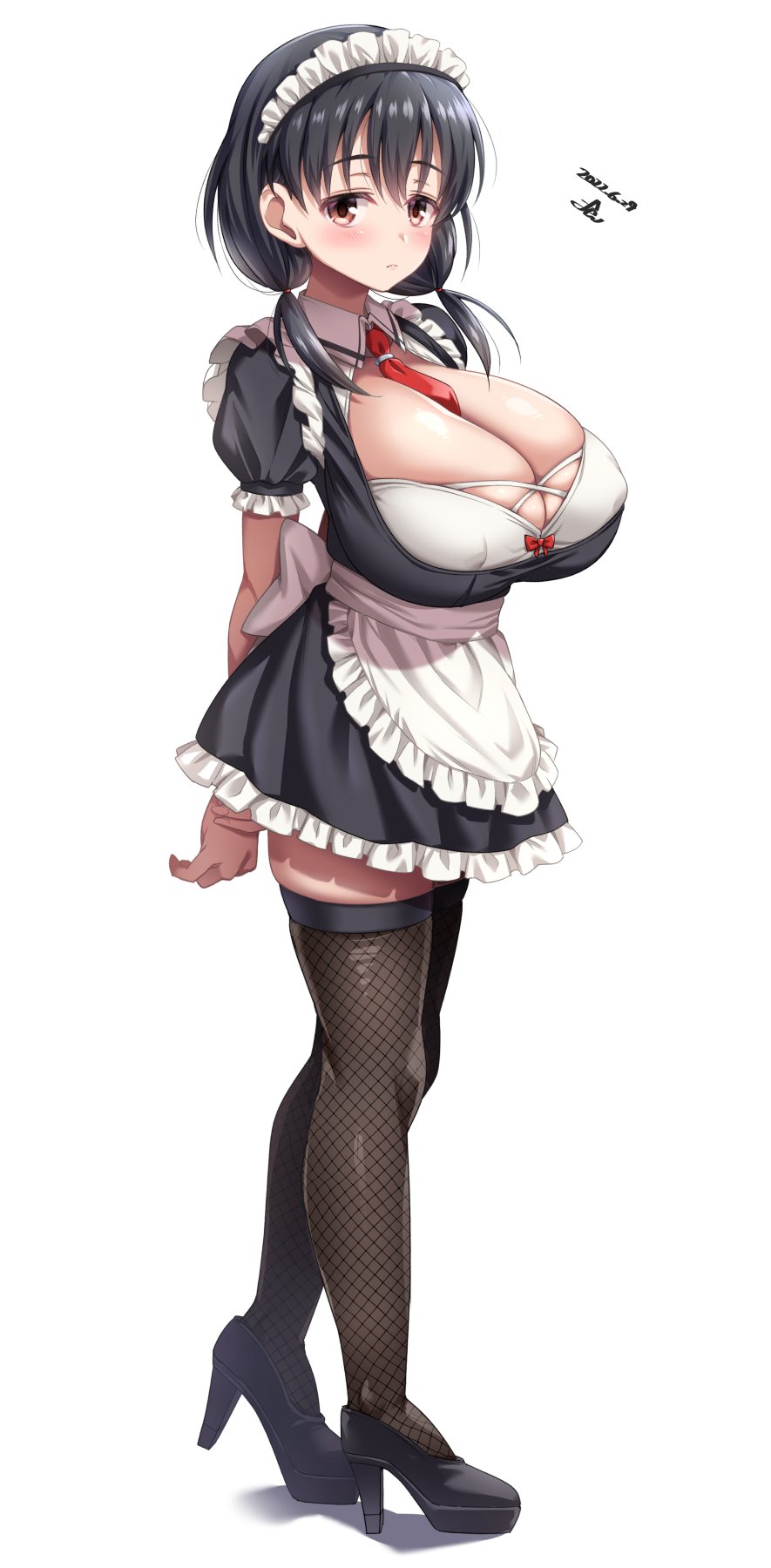 1girl alternate_costume apron between_breasts black_dress black_footwear black_hair black_legwear breasts brown_eyes cleavage covered_nipples dress enmaided expressionless fishnets full_body high_heels highres huge_breasts jindai_komaki long_hair looking_at_viewer maid maid_apron maid_headdress necktie necktie_between_breasts red_necktie saki shoes short_hair simple_background solo standing thighhighs white_background yoohi zettai_ryouiki