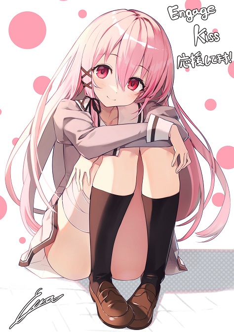 1girl bandaged_leg bandages black_legwear brown_footwear convenient_leg cura engage_kiss hair_between_eyes hair_ribbon head_tilt kisara_(engage_kiss) kneehighs loafers long_hair looking_at_viewer official_art pink_hair red_eyes ribbon school_uniform shoes signature sitting smile solo